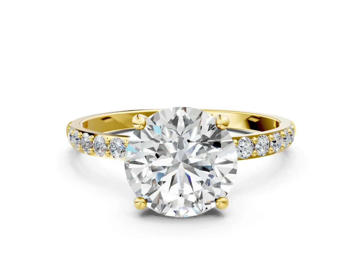 Round Cut Diamond Solitaire Ring with Round Pavé Band and Prong Setting Yellow gold
