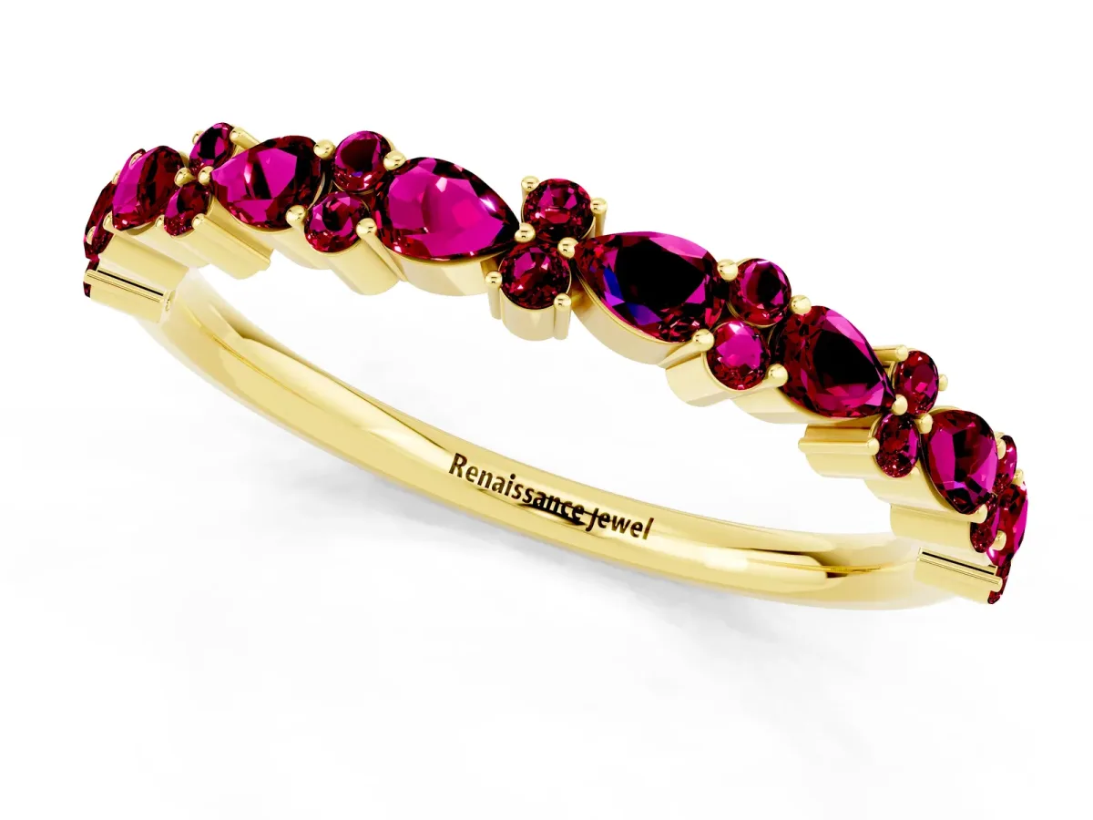 Pear and Round Garnet Wedding Band Yellow gold