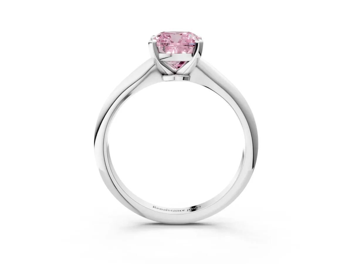 Fancy Pink Cushion Cut Diamond Solitaire Engagement Ring with Classic Band and Four-Prong Setting Silver