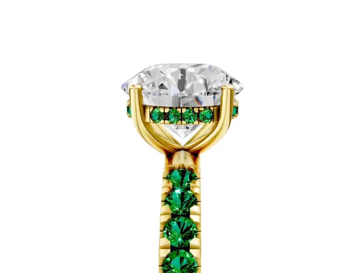 Round Cut Diamond Pave Band Solitaire Ring with Round Emerald and Prong Setting Yellow gold