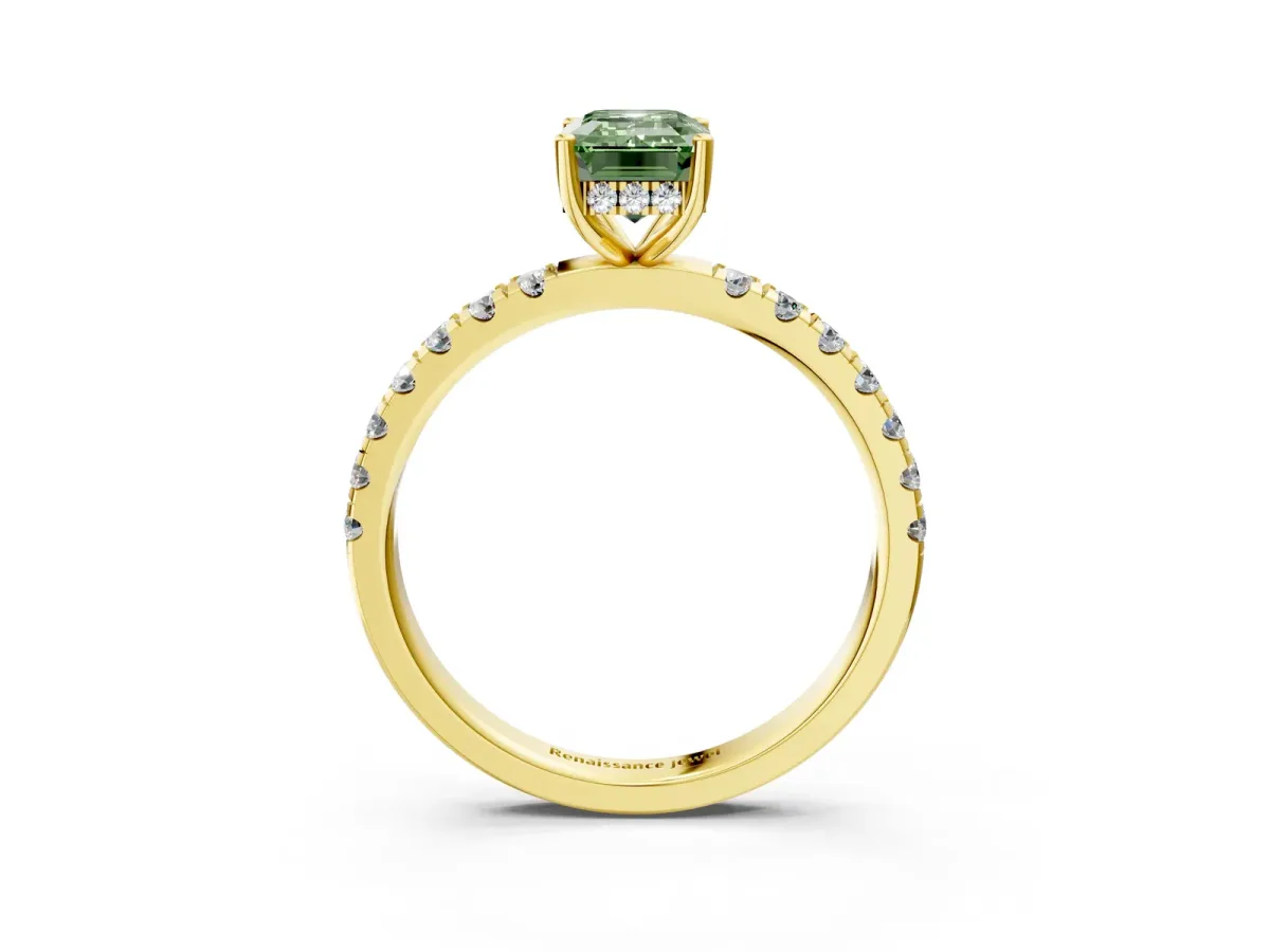 Fancy Green Emerald Cut Diamond Pave Band Solitaire Ring with Round and Prong Setting Yellow gold