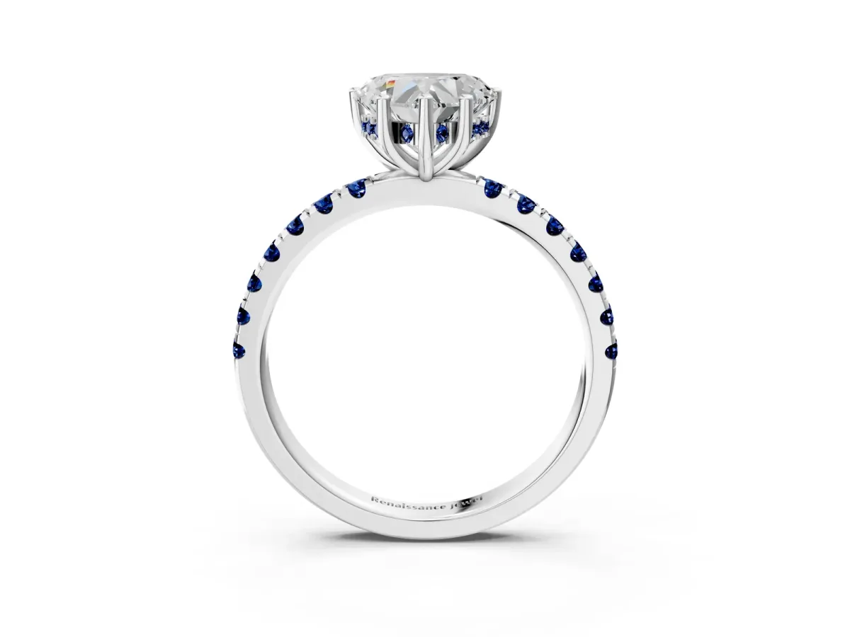 Heart Cut Diamond Pave Band Solitaire Ring with Round Blue Sapphire and Prong Setting Platinum