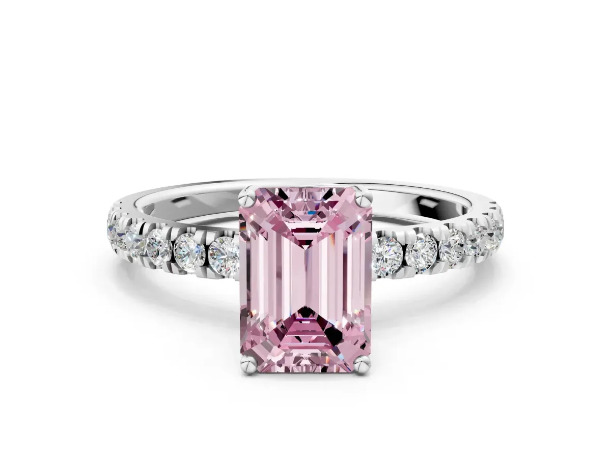 Fancy Pink Emerald Cut Diamond Pave Band Solitaire Ring with Round and Prong Setting Silver