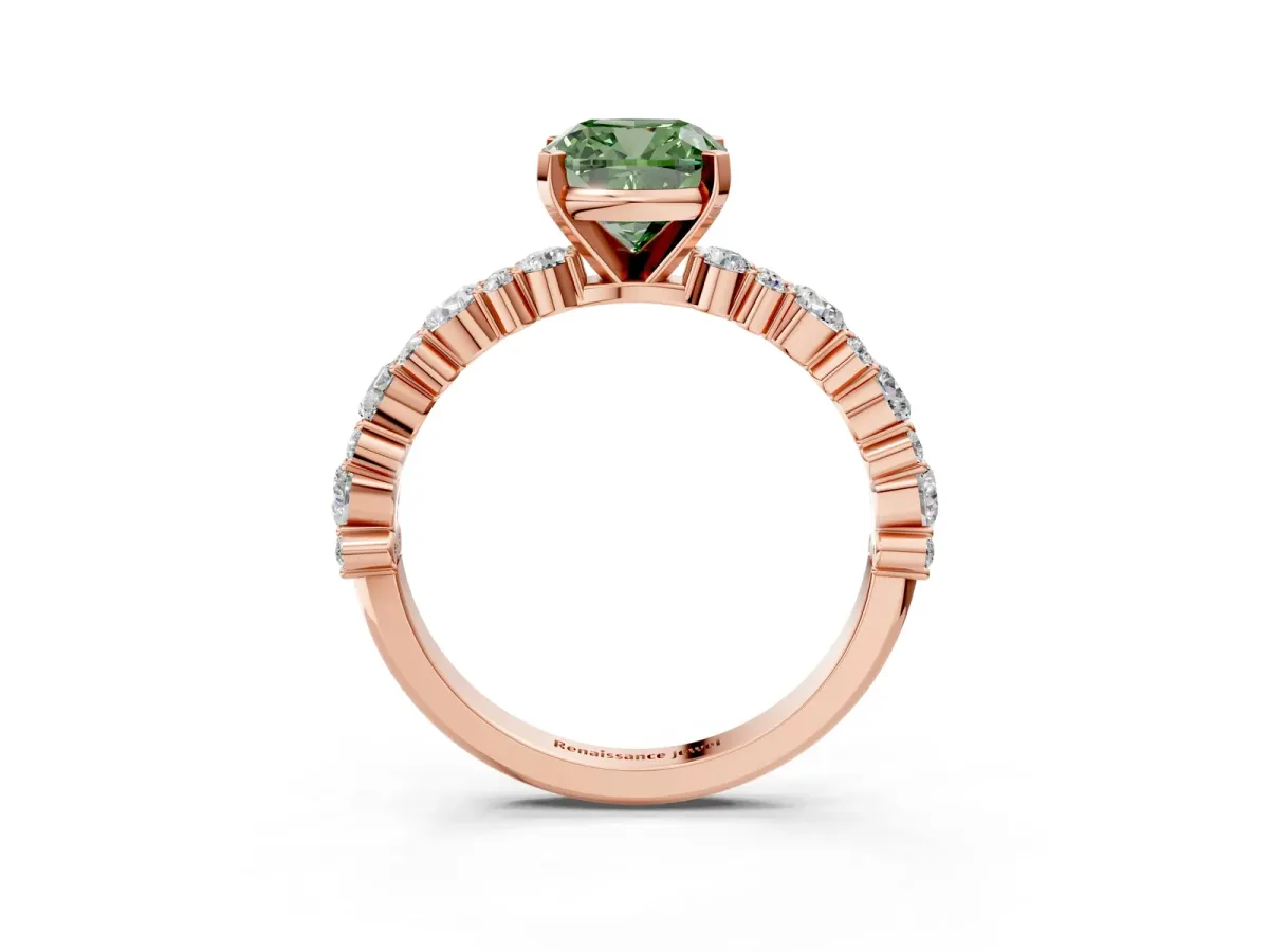 Fancy Green Cushion Cut Diamond Side Stone Solitaire Ring with Round and Four-Prong Setting Rose gold