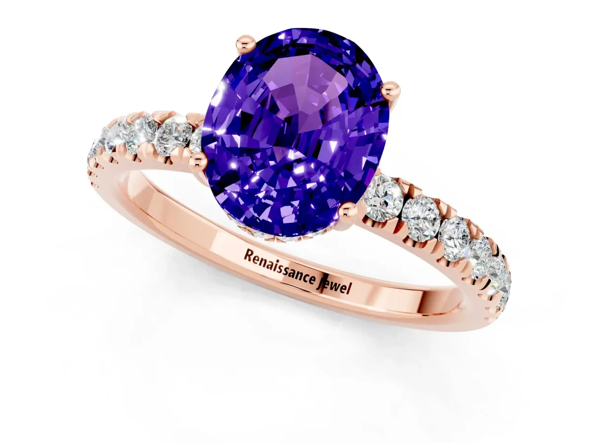 Oval Cut Tanzanite Pave Band Solitaire Ring with Round and Prong Setting Rose gold