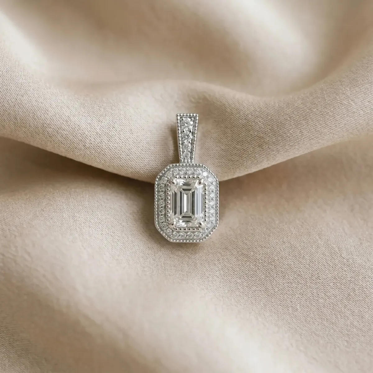 Emerald Cut Halo Diamond Pendant with Pavé Setting Silver