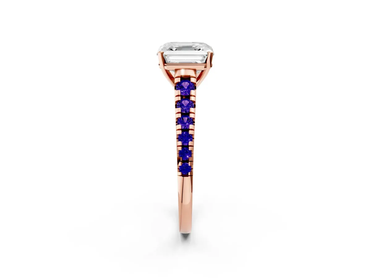 Asscher Cut Diamond Cathedral Solitaire Ring with Round Tanzanite Pavé Band Rose gold