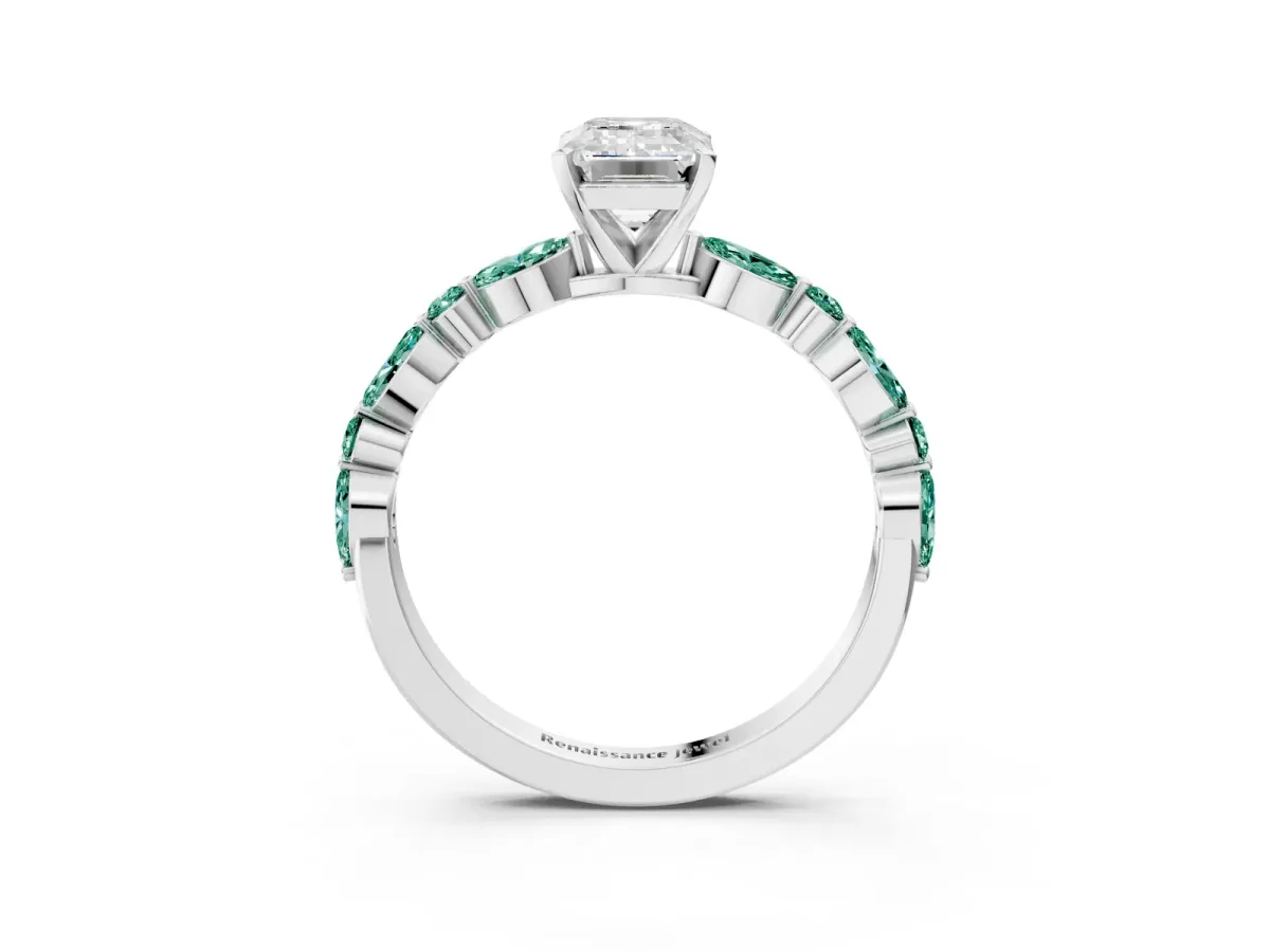 Emerald Cut Diamond Ring with Marquise and Round Green Sapphire Side Stones and Four-Prong Setting Silver