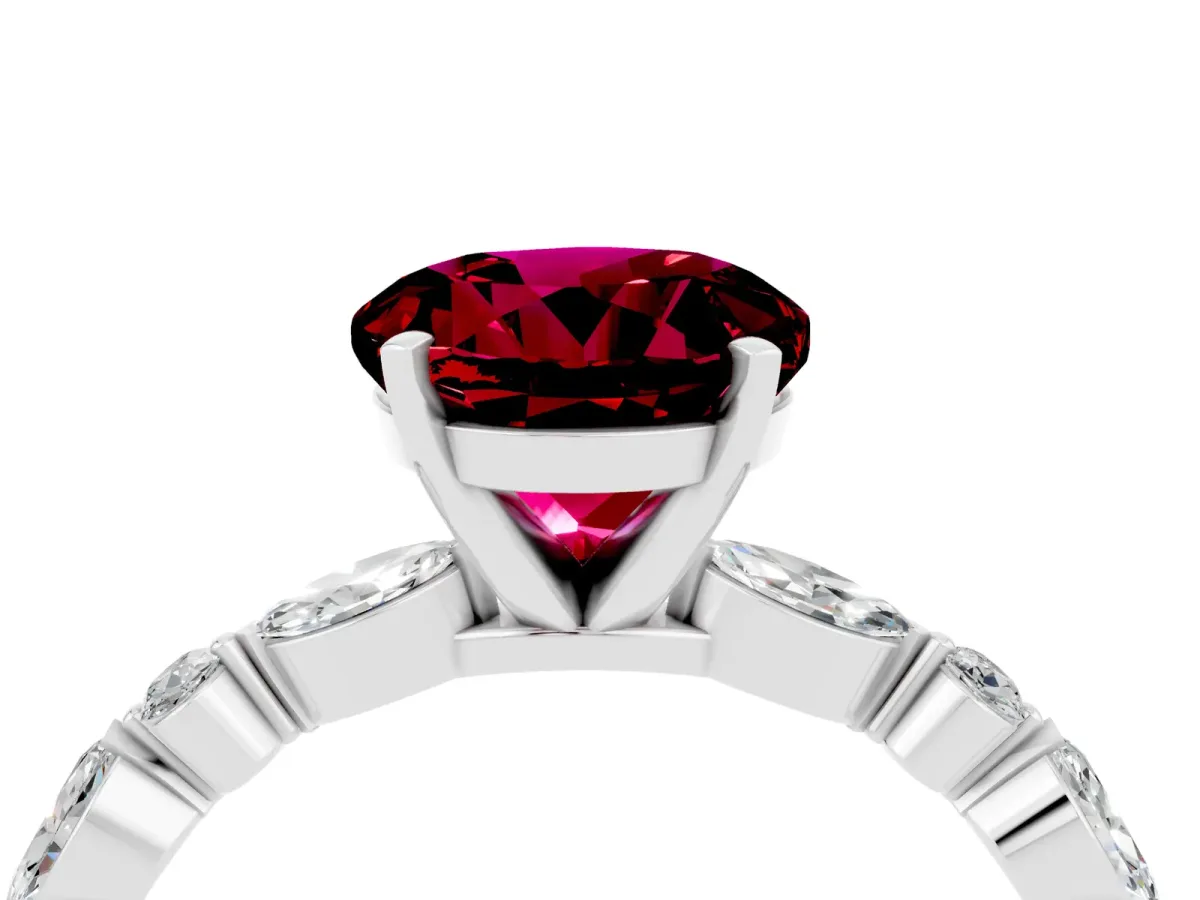 Round Cut Garnet Ring with Marquise and Round Side Stones and Four-Prong Setting Platinum