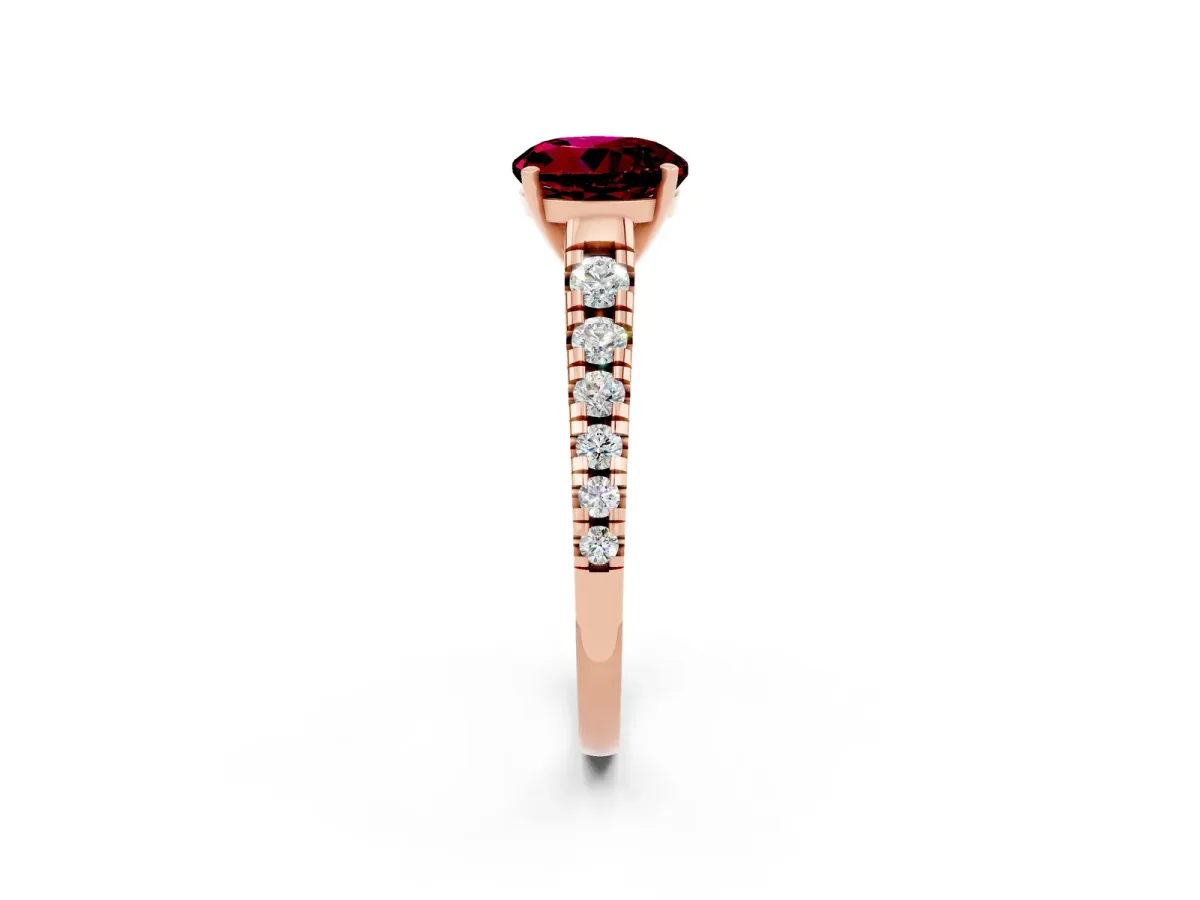 Round Cut Garnet Cathedral Solitaire Ring with Round Pavé Band Rose gold