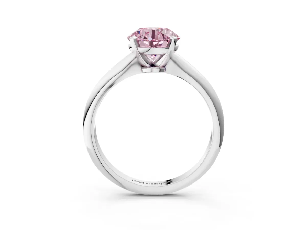 Fancy Pink Round Cut Diamond Solitaire Engagement Ring with Classic Band and Four-Prong Setting Silver
