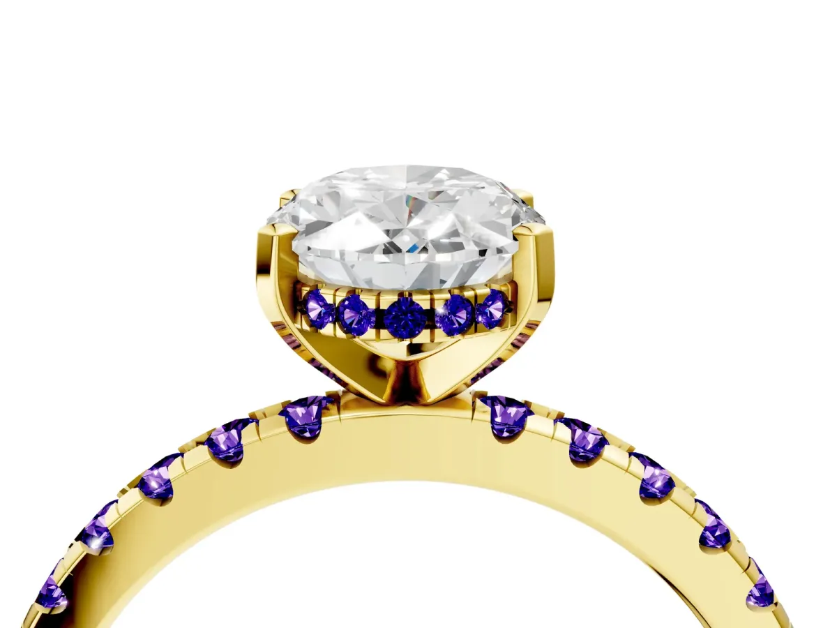 Oval Cut Diamond Solitaire Ring with Round Tanzanite Pavé Band and Four-Prong Setting Yellow gold