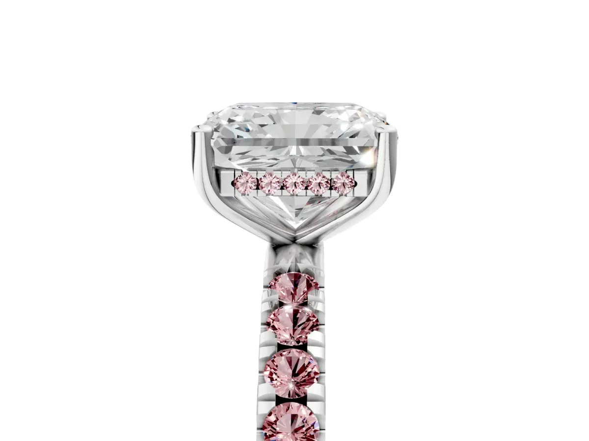 Radiant Cut Diamond Pave Band Solitaire Ring with Round Morganite and Prong Setting Platinum