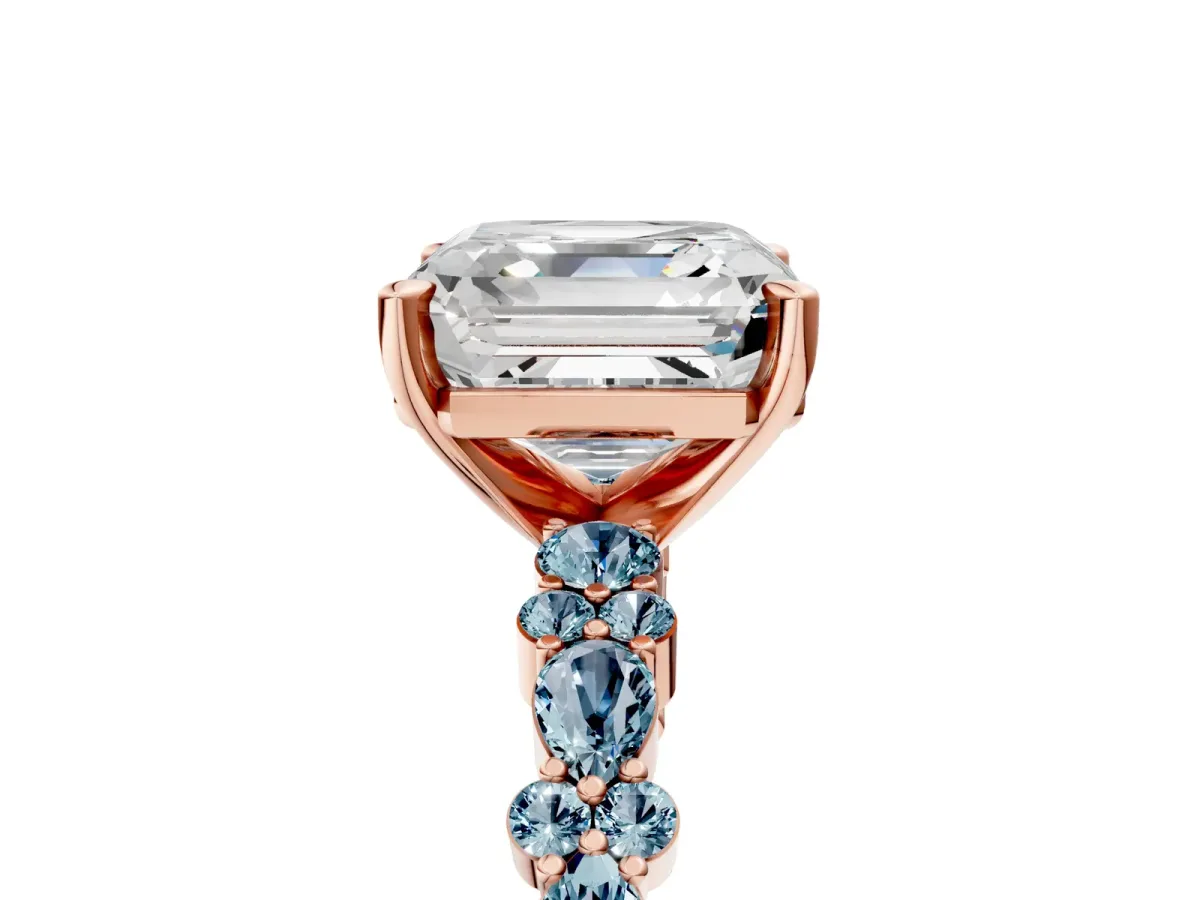Asscher Cut Diamond Side Stone Solitaire Ring with Round Aquamarine and Four-Prong Setting Rose gold