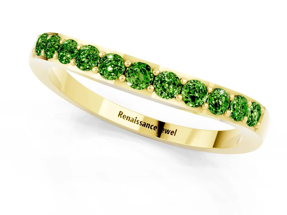 Round Peridot Curved Wedding Band with Channel Setting Yellow gold