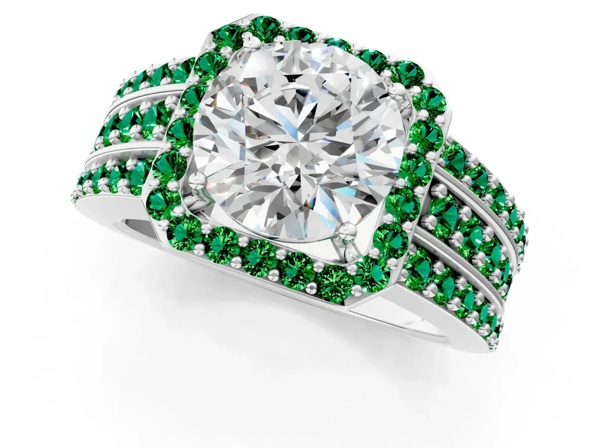 Round Cut Halo Diamond Ring with Round Emerald Split Shank and Prong Setting Platinum