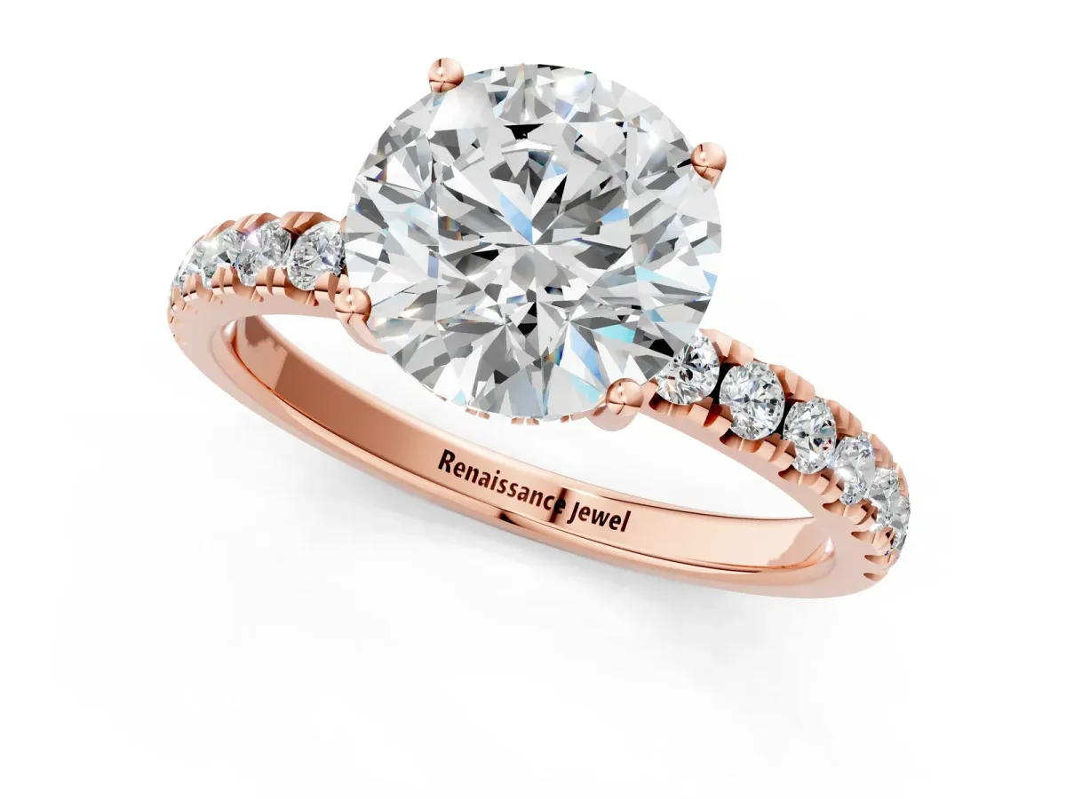 Round Cut Diamond Pave Band Solitaire Ring with Round and Prong Setting Rose gold