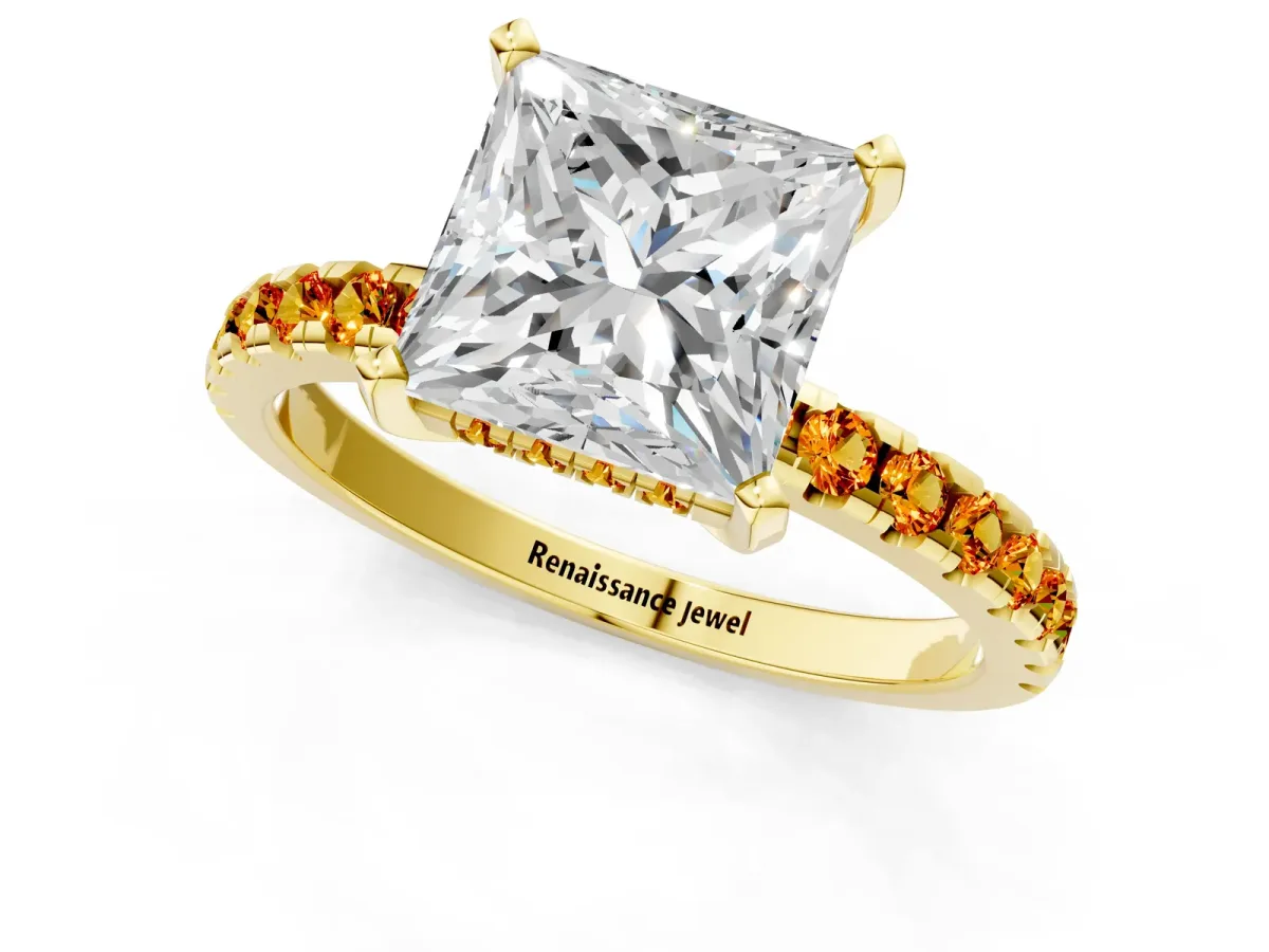 Princess Cut Diamond Solitaire Ring with Round Citrine Pavé Band and Four-Prong Setting Yellow gold