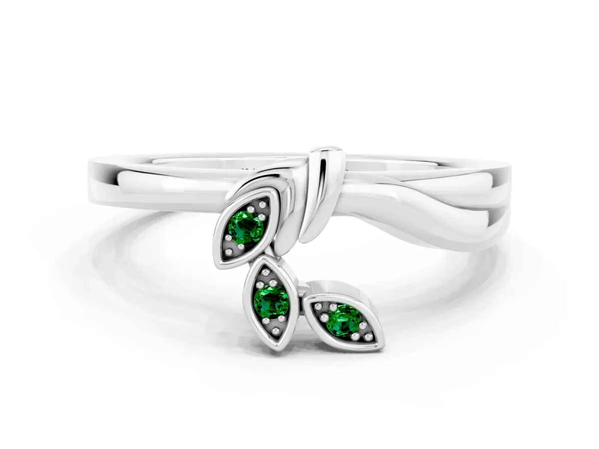 Three-Stone Round Emerald Leaf Bypass Ring with Bezel Setting Silver