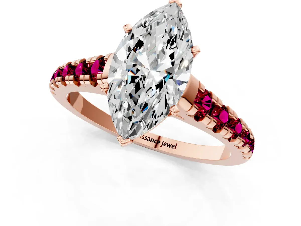 Marquise Cut Diamond Cathedral Solitaire Ring with Round Garnet Pavé Band Rose gold