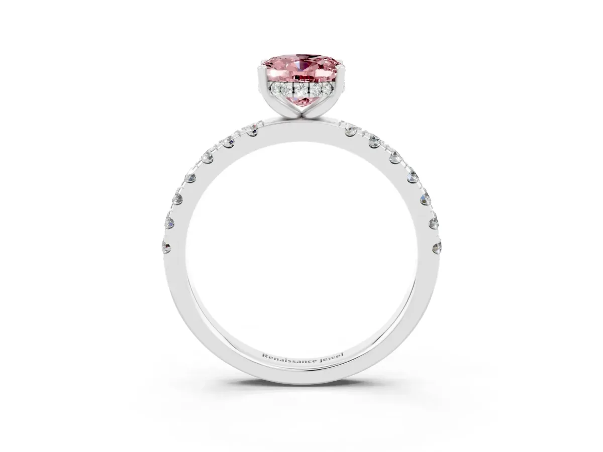 Oval Cut Morganite Pave Band Solitaire Ring with Round and Prong Setting Platinum
