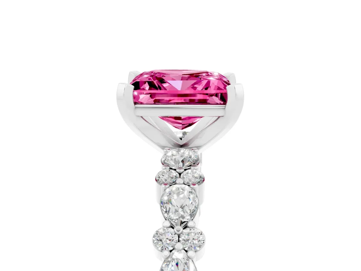 Princess Cut Pink Sapphire Side Stone Solitaire Ring with Round and Four-Prong Setting Platinum