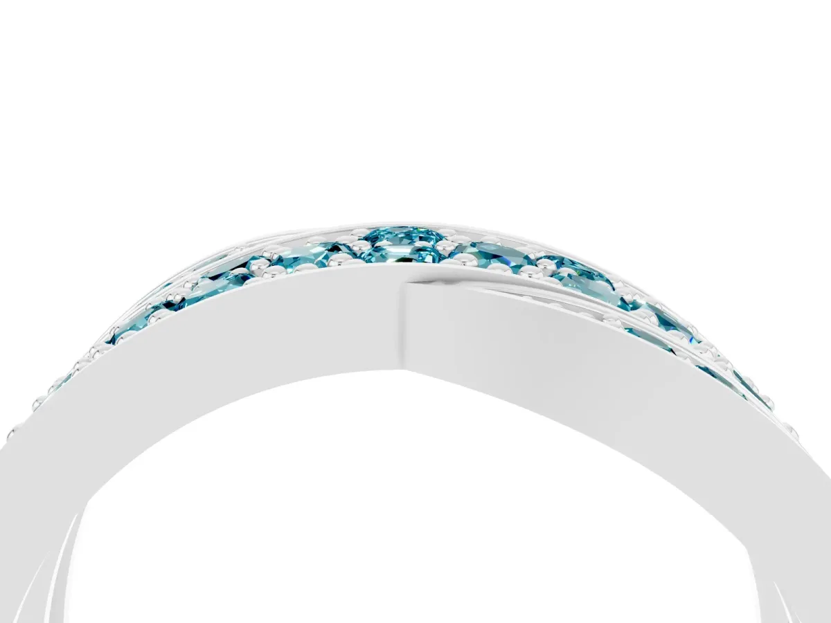 Pavé Round Blue Topaz Crossover Band with Bead Prong Setting Silver
