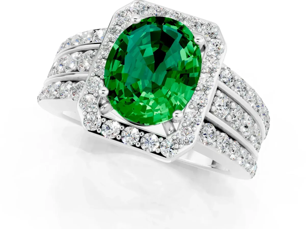 Oval Cut Halo Emerald Ring with Round Split Shank and Prong Setting Platinum