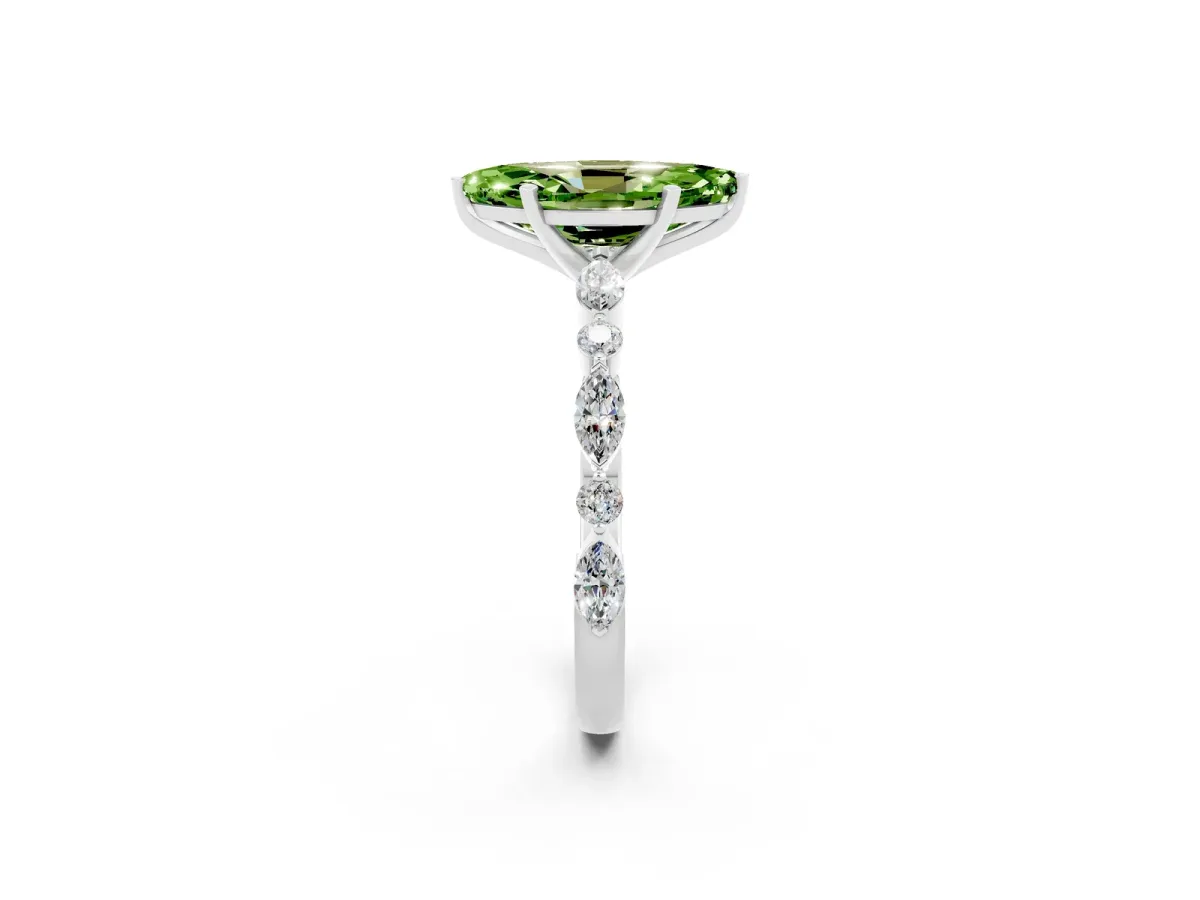 Marquise Cut Peridot Ring with Marquise and Round Side Stones and Four-Prong Setting Platinum