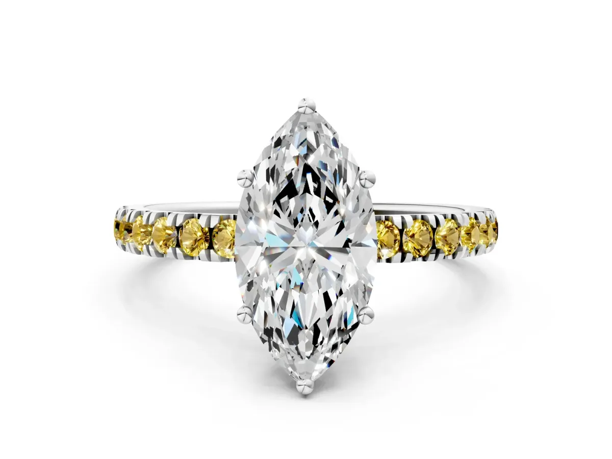 Marquise Cut Diamond Pave Band Solitaire Ring with Round Yellow Sapphire and Prong Setting Silver