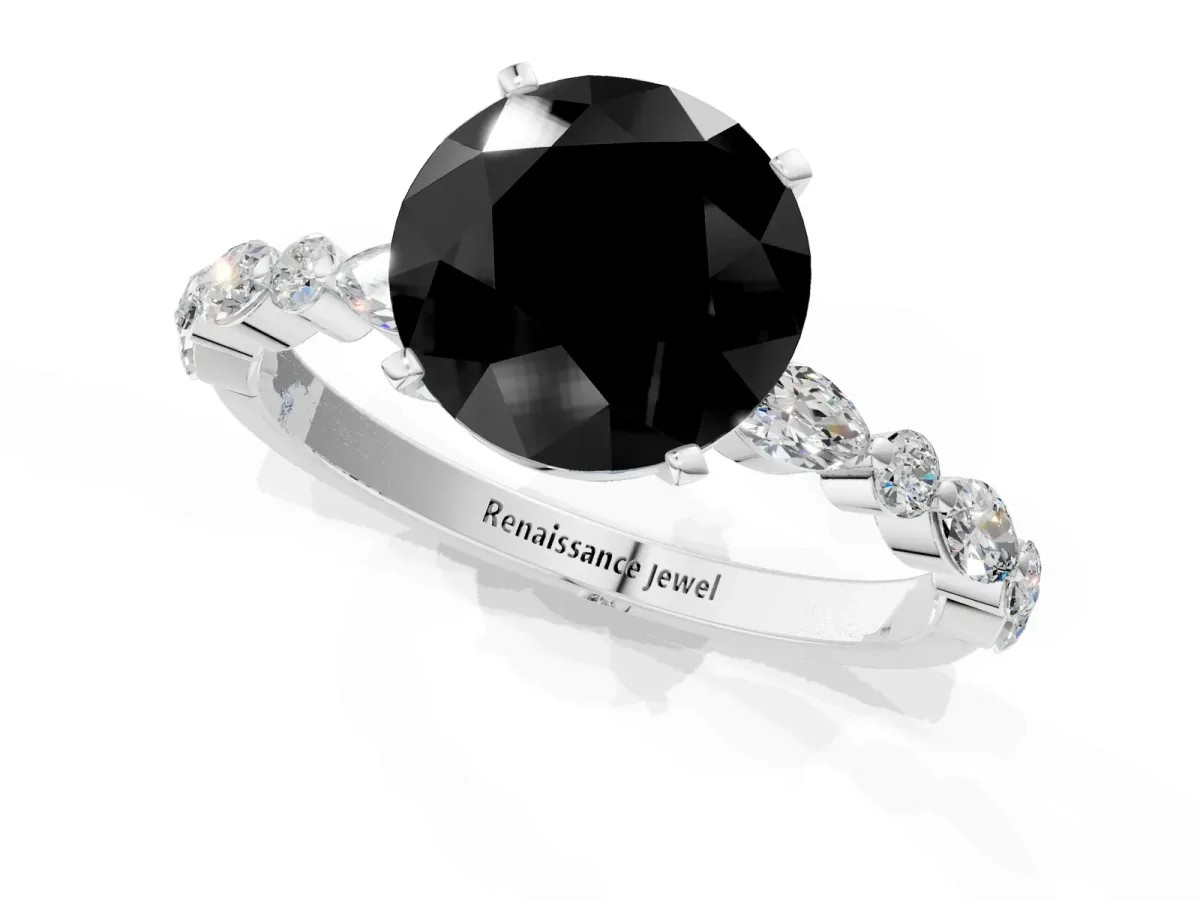 Fancy Black Round Cut Diamond Ring with Marquise and Round Side Stones and Four-Prong Setting Silver