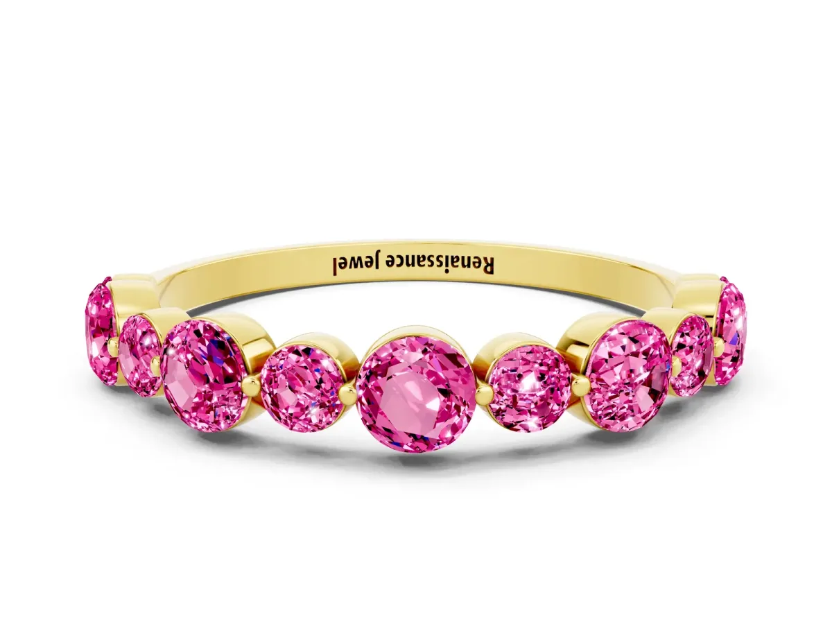 Round Pink Sapphire Scalloped Prong Set Eternity Band Yellow gold