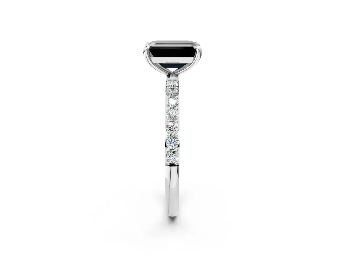 Fancy Black Emerald Cut Diamond Solitaire Ring with Round Pavé Band and Prong Setting Platinum