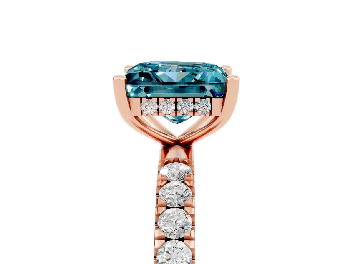 Princess Cut Blue Topaz Pave Band Solitaire Ring with Round and Prong Setting Rose gold