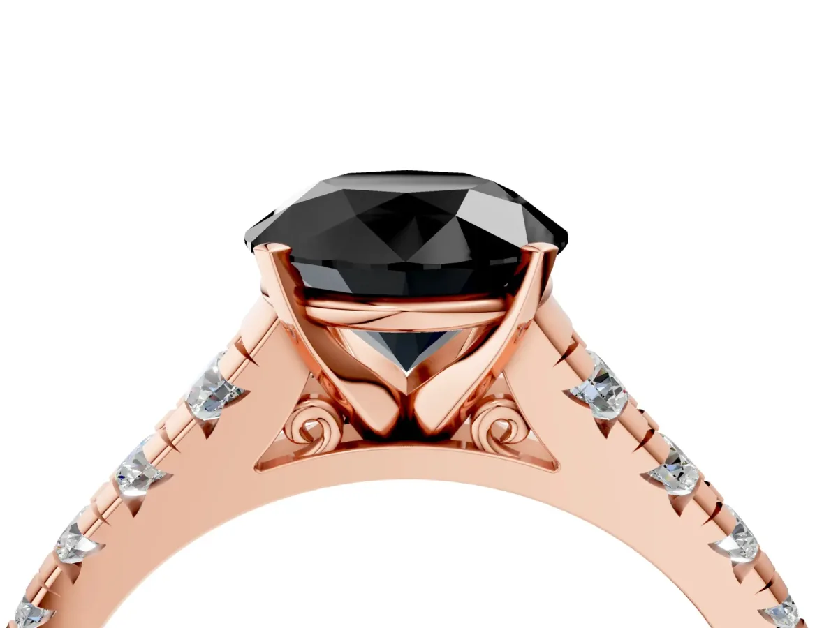 Fancy Black Round Cut Diamond Cathedral Solitaire Ring with Round Pavé Band Rose gold