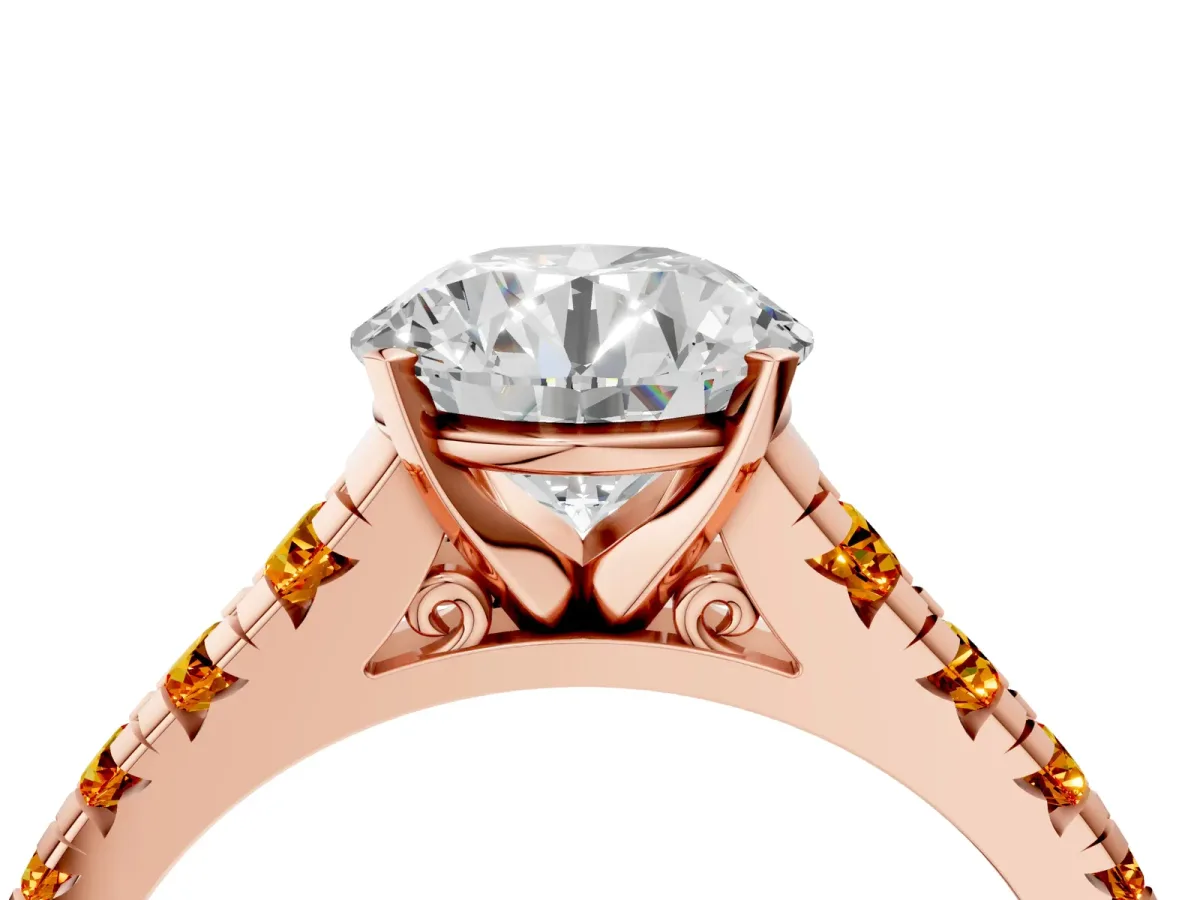 Round Cut Diamond Cathedral Solitaire Ring with Round Citrine Pavé Band Rose gold
