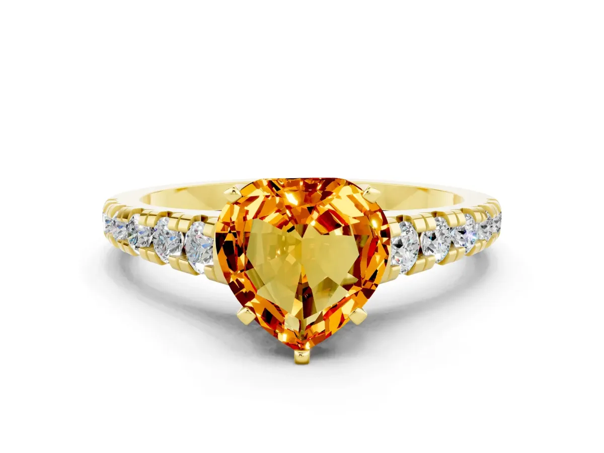 Heart Cut Citrine Cathedral Solitaire Ring with Round Pavé Band Yellow gold