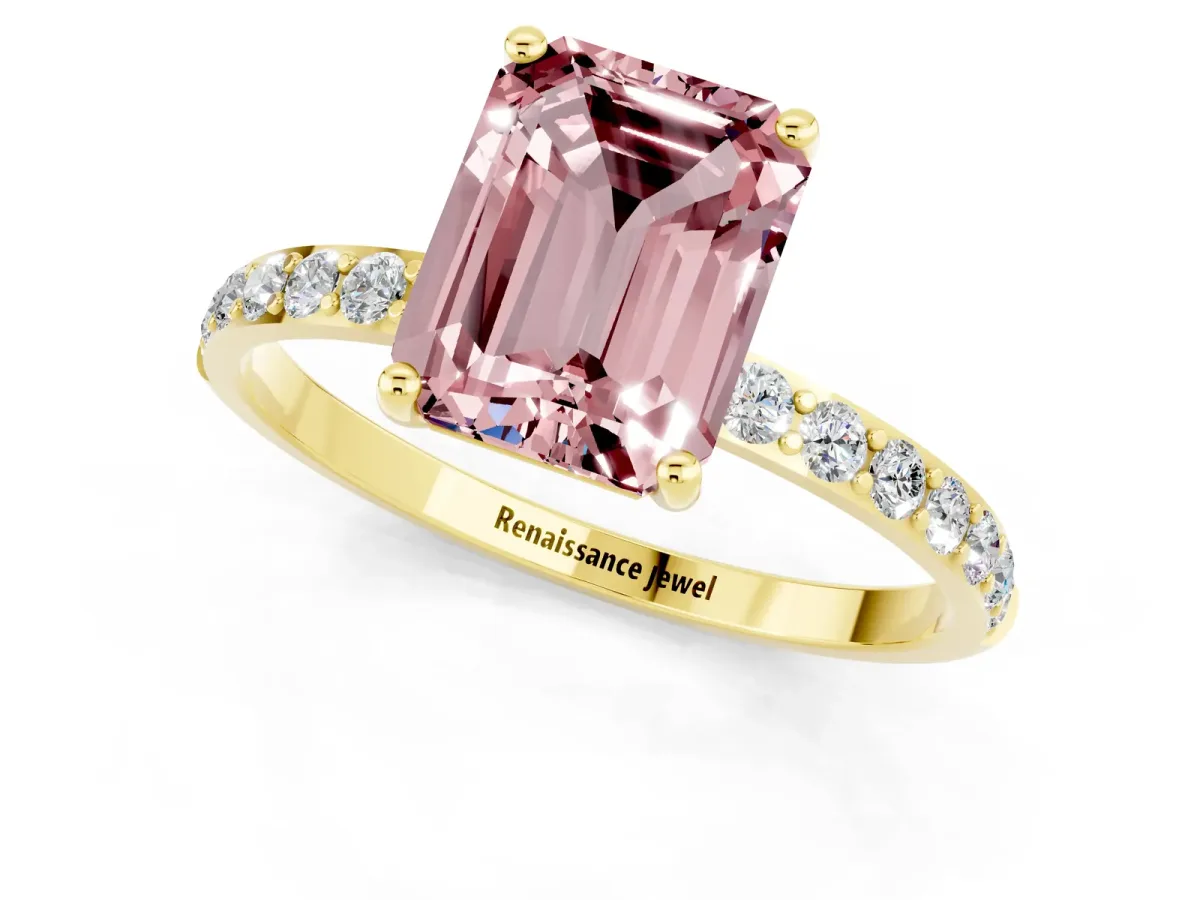 Emerald Cut Morganite Solitaire Ring with Round Pavé Band and Prong Setting Yellow gold
