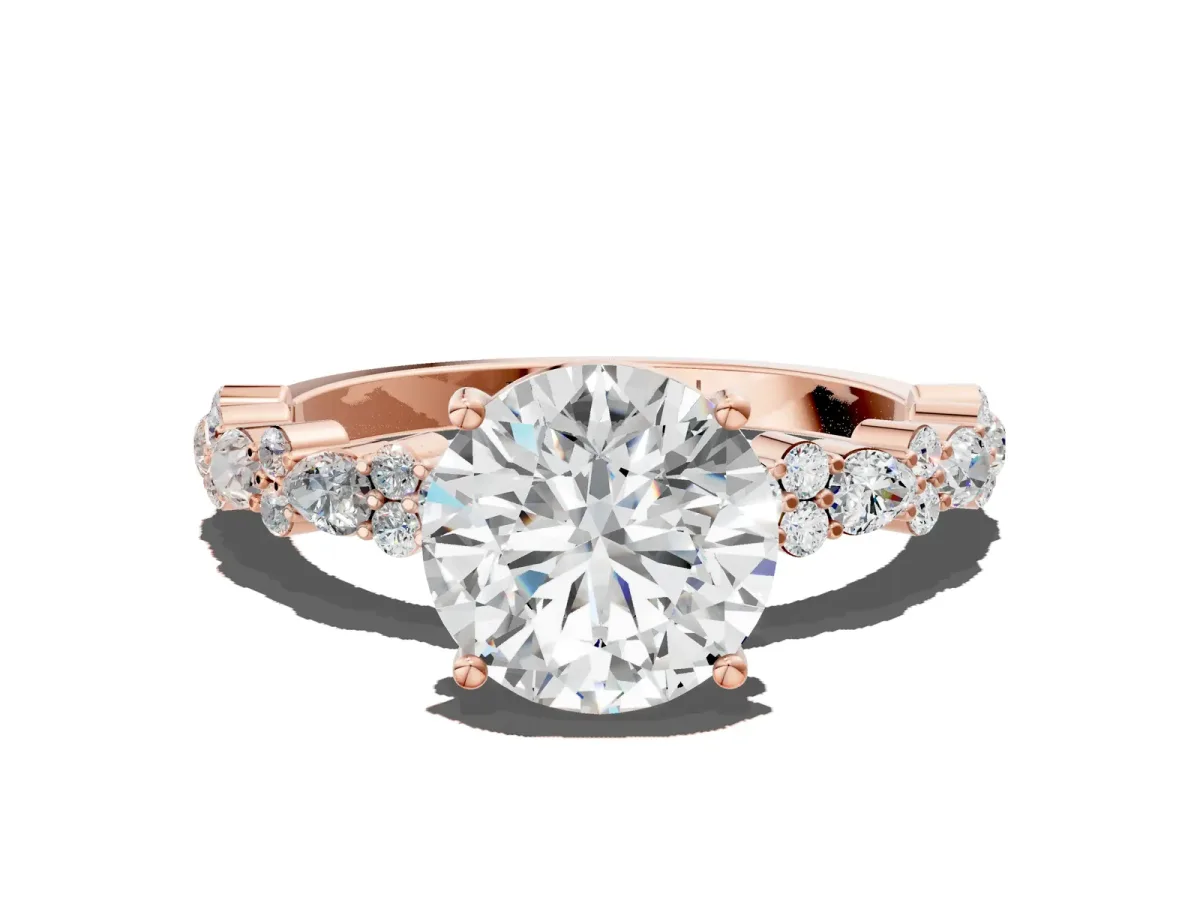Round Cut Diamond Side Stone Solitaire Ring with Round and Four-Prong Setting Rose gold
