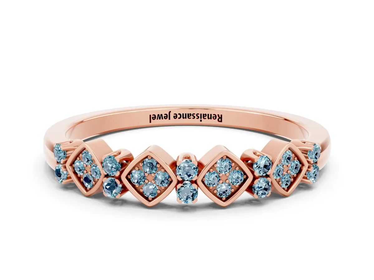 Pavé Cushion Aquamarine Cluster Eternity Band with Prong Setting Rose gold