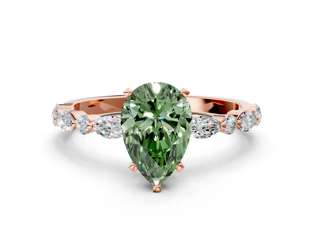 Fancy Green Pear Cut Diamond Ring with Marquise and Round Side Stones and Four-Prong Setting Rose gold