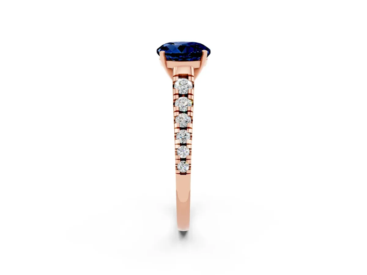 Round Cut Blue Sapphire Cathedral Solitaire Ring with Round Pavé Band Rose gold