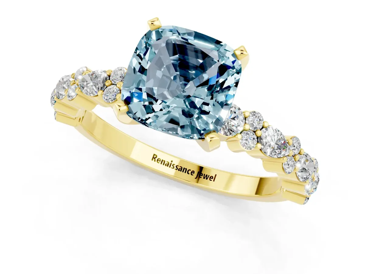 Cushion Cut Aquamarine Side Stone Solitaire Ring with Round and Four-Prong Setting Yellow gold