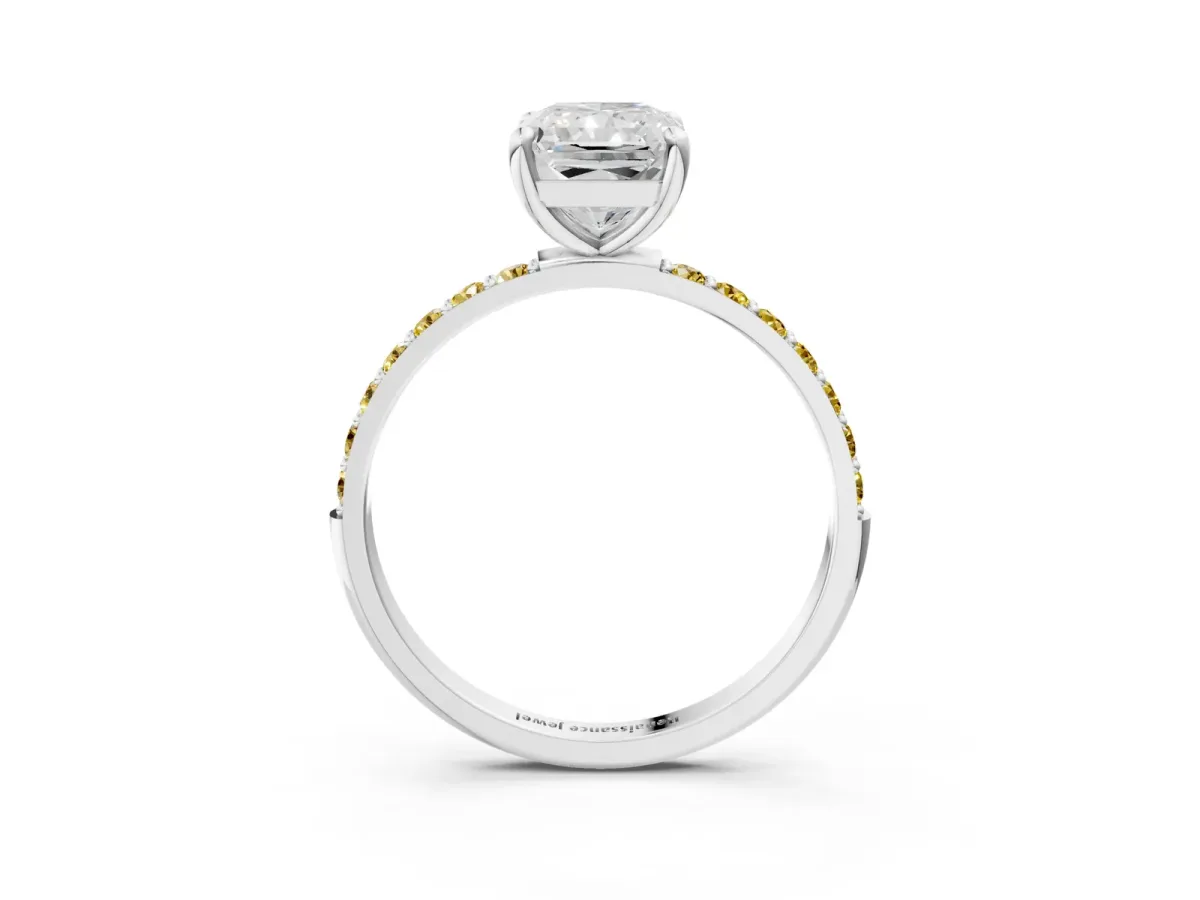 Radiant Cut Diamond Solitaire Ring with Round Yellow Sapphire Pavé Band and Prong Setting Silver