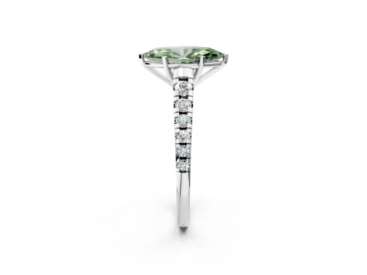 Fancy Green Marquise Cut Diamond Cathedral Solitaire Ring with Round Pavé Band Platinum