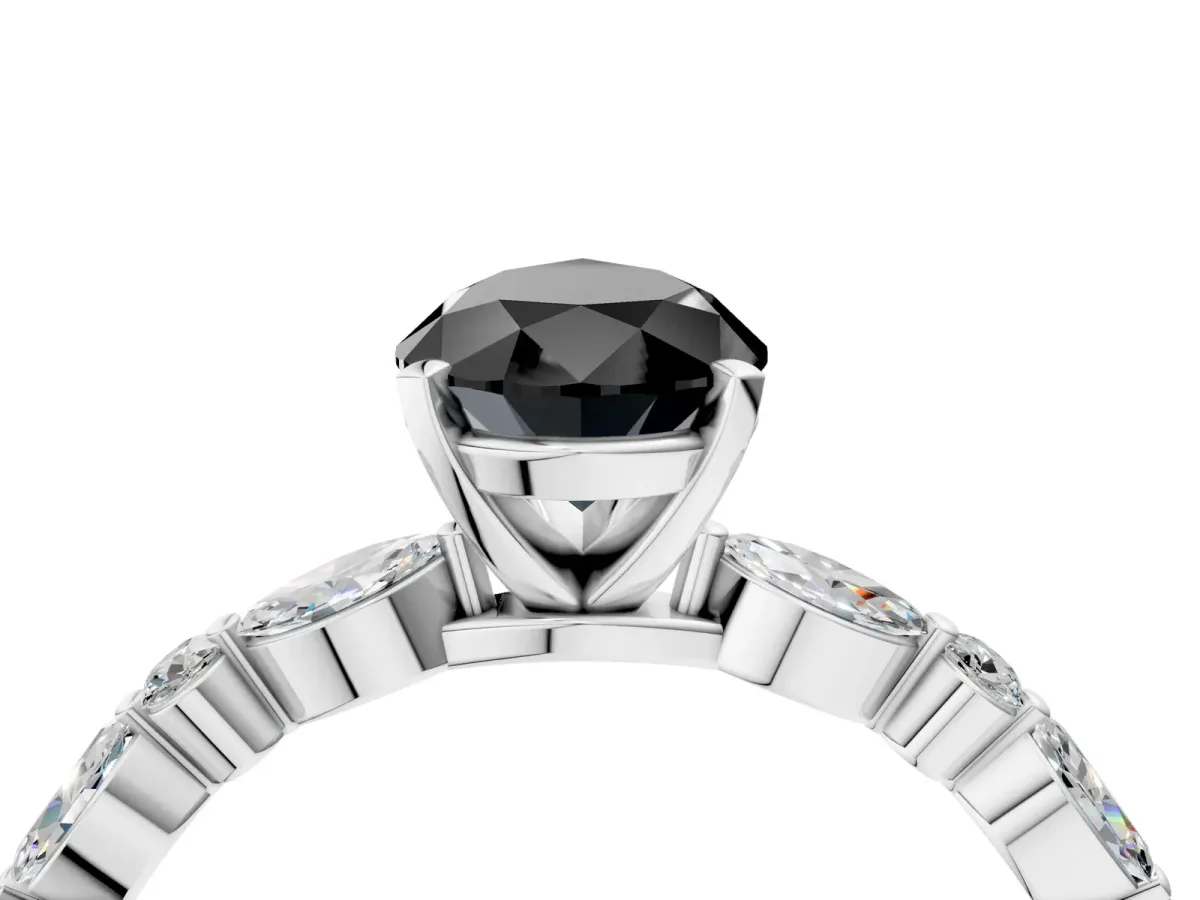 Fancy Black Pear Cut Diamond Ring with Marquise and Round Side Stones and Four-Prong Setting Platinum