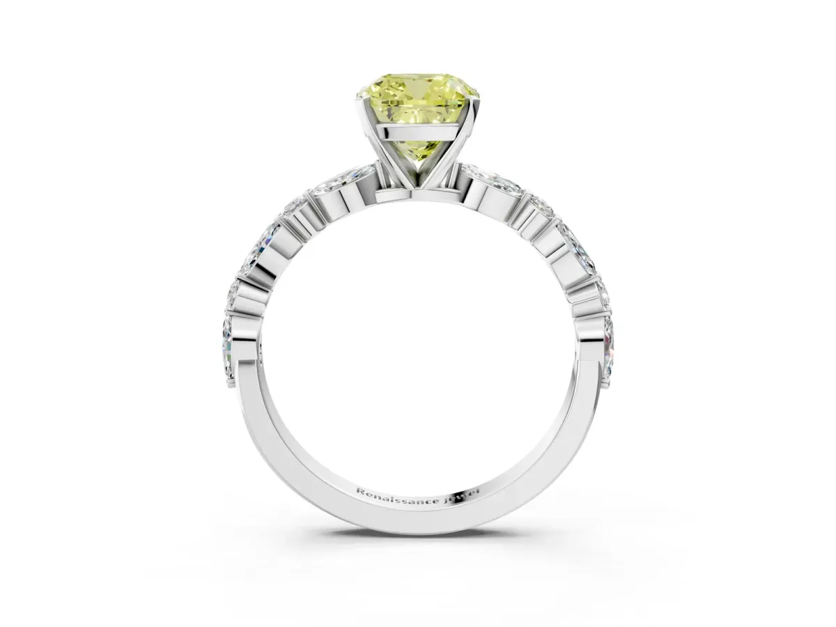 Fancy Yellow Cushion Cut Diamond Ring with Marquise and Round Side Stones and Four-Prong Setting Silver