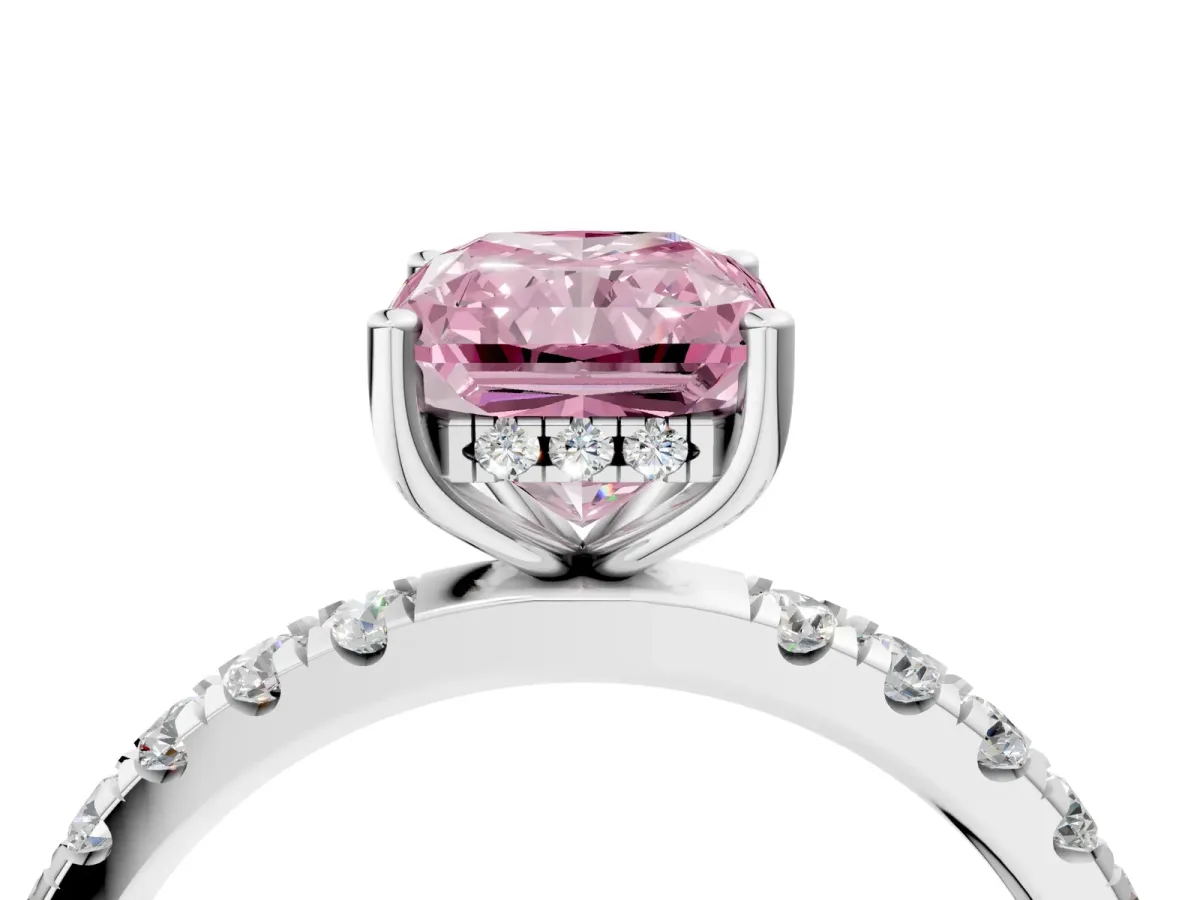 Fancy Pink Radiant Cut Diamond Pave Band Solitaire Ring with Round and Prong Setting Platinum