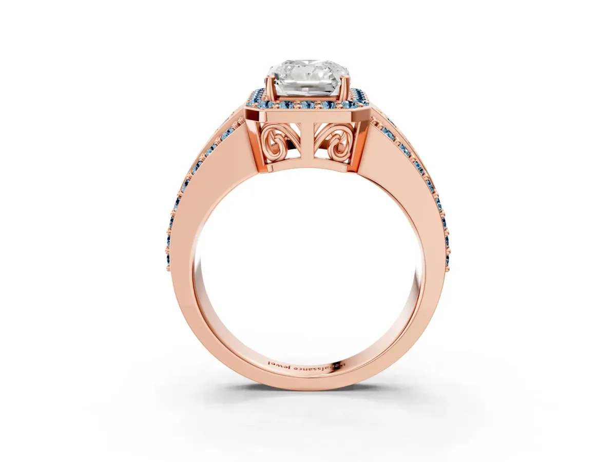 Radiant Cut Halo Diamond Ring with Round Aquamarine Split Shank and Prong Setting Rose gold