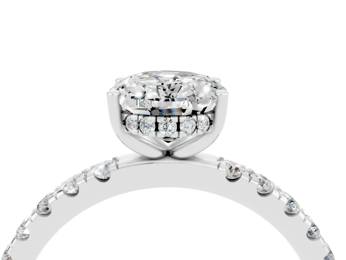 Oval Cut Moissanite Pave Band Solitaire Ring with Round and Prong Setting White gold